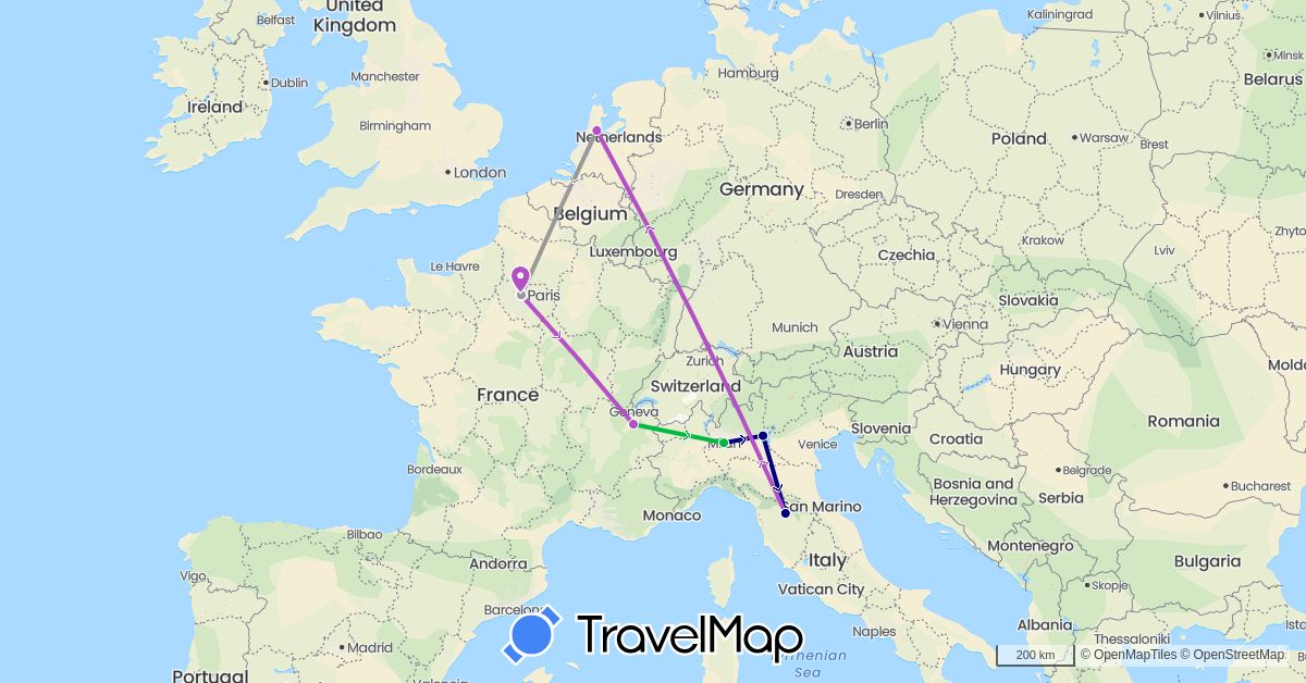 TravelMap itinerary: driving, bus, plane, train in France, Italy, Netherlands (Europe)